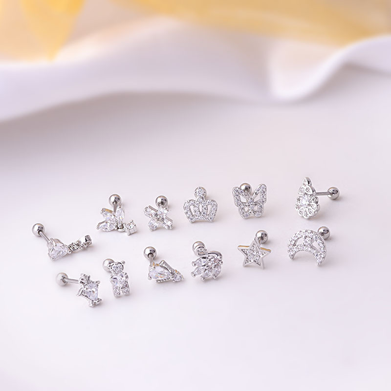 20G Titanium Steel Thin Rod Zircon Ear Bone Stud Butterfly Crown Star Moon Screw Stud Earrings Fashion Earrings Single