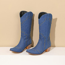 【大码女鞋】冬款新品牛仔西部靴 铆钉装饰 外贸女式皮靴34-43