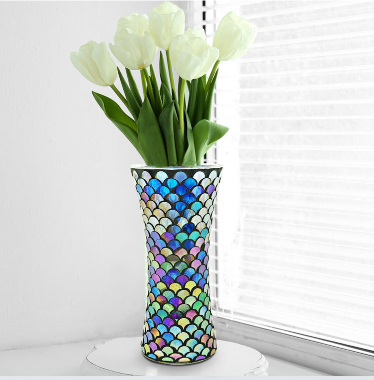 新款彩色鱼鳞收腰玻璃马赛克花瓶纯手工台面装饰花瓶diy花瓶容器
