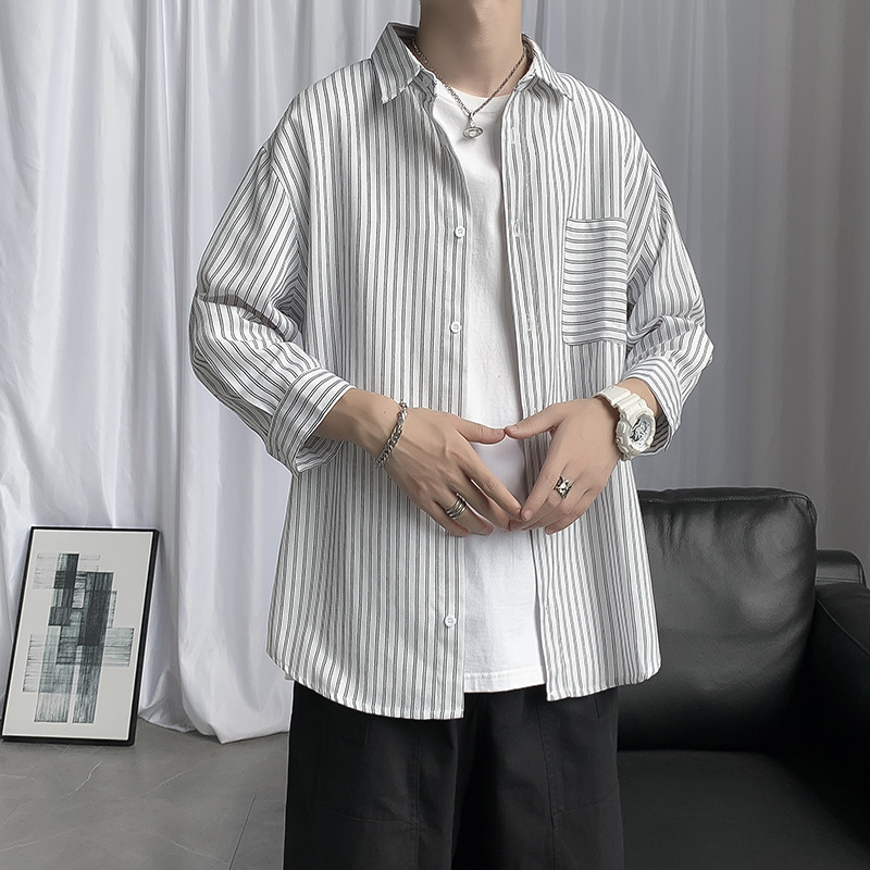 夏季条纹衬衫男七分袖班服衬衣韩版潮流帅气百搭休闲情侣装外套潮