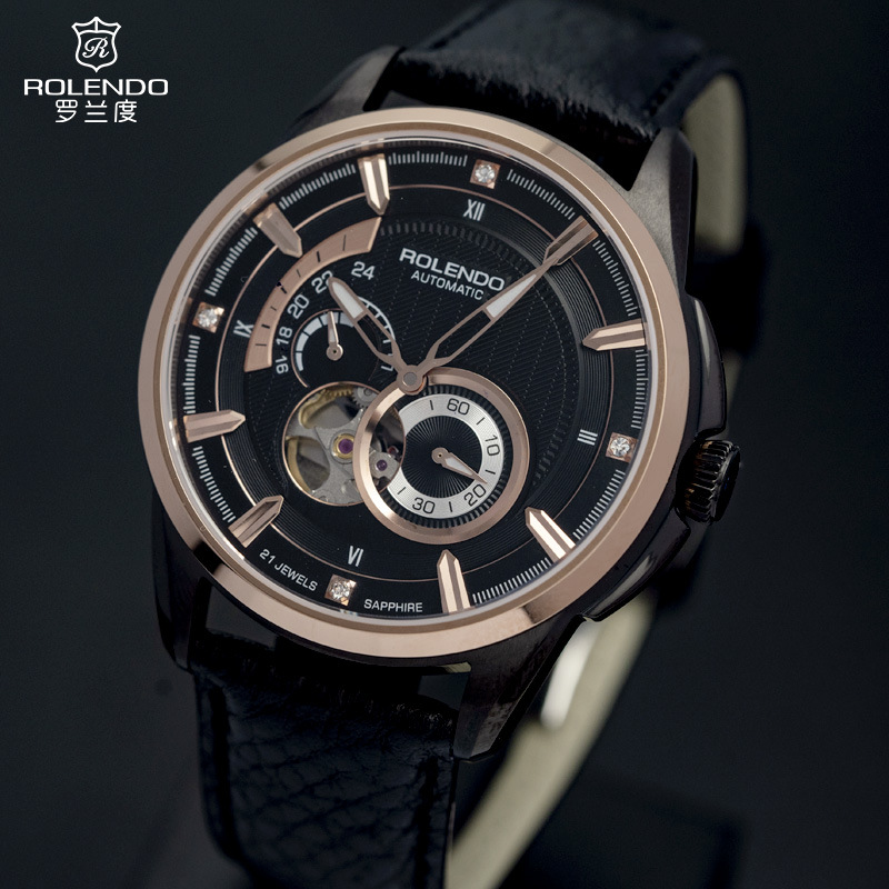 罗兰度瑞士手表防水男士罗兰度全自动机械表镂空7025黑武士玫黑
