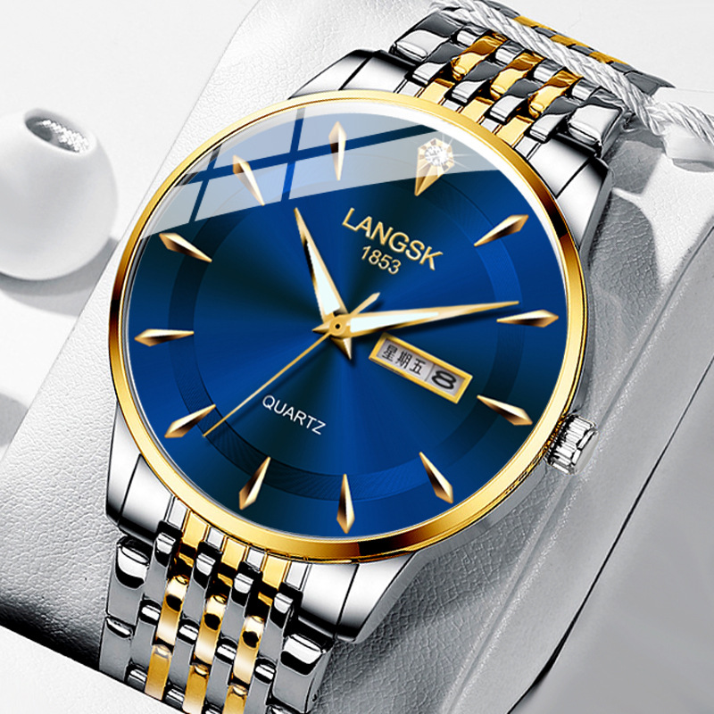 郎仕凯新款男士手表防水夜光双日历韩版石英手表男钢带一件代发