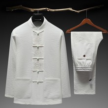 中国风棉麻唐装中式套装中老年男士居士服长袖刺绣春夏季薄款短袖