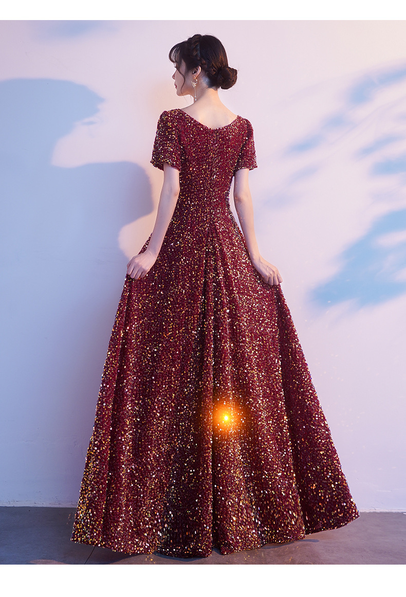 宴会晚礼服主持人长款气质红色星空亮片显瘦连衣裙大合唱演出服女