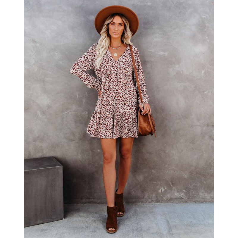 欧美外贸速卖通亚马逊wish秋冬时尚街拍新款女装小碎花印花连衣裙