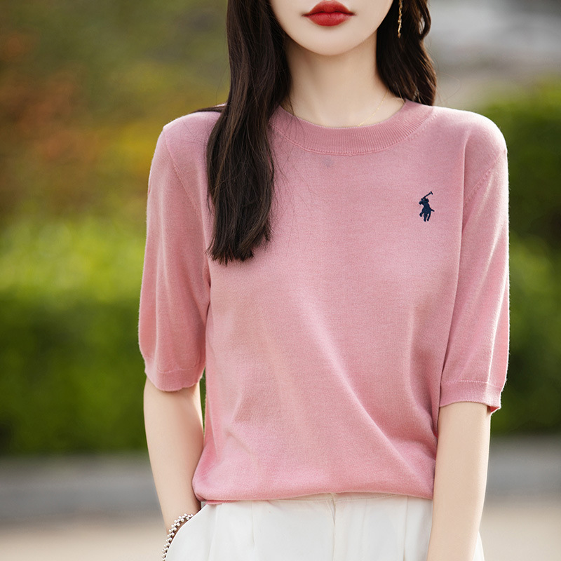 夏季新款精纺羊毛 桑蚕丝 天丝圆领刺绣针织半袖t恤女士-阿里巴巴