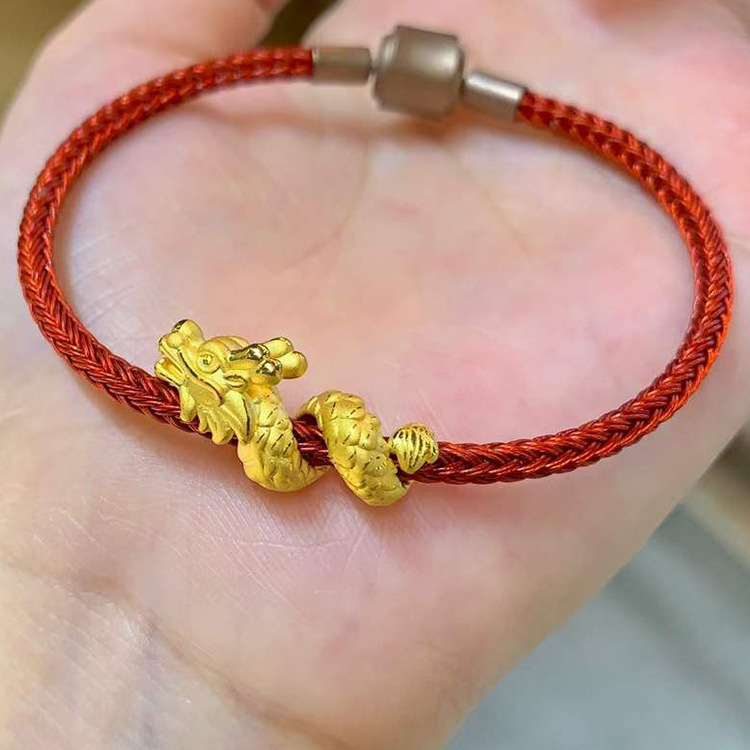黄金龙抬头手链男士足金999盘龙本命年红绳纯金生肖卷卷龙金 手绳