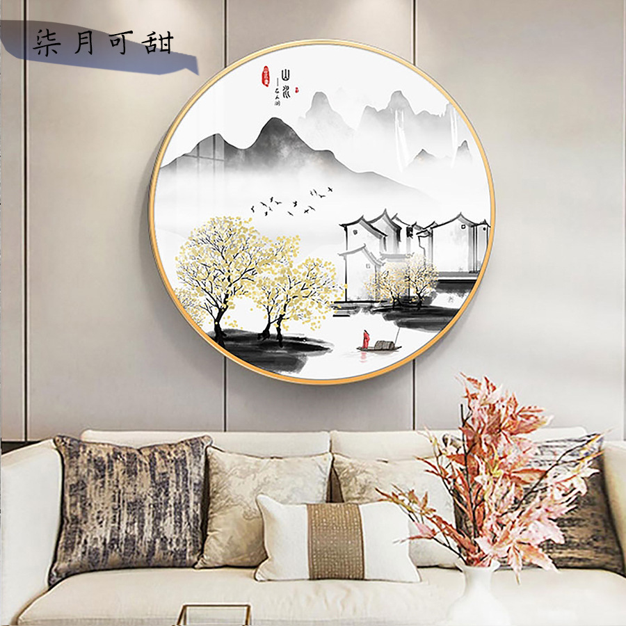 新中式玄关装饰画走廊中国风客厅圆形沙发背景墙金鹿山水书房挂画