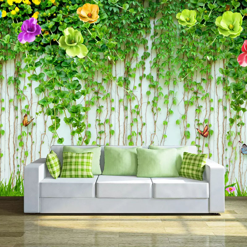 2021年新款网红奶茶清新绿植电视背景墙壁纸藤蔓装饰壁画花店墙纸