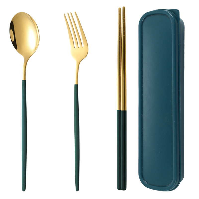 Simple Stainless Steel Tableware Spoon Chopsticks Portable Tableware Three-Piece Set Gift Portugal Student Tableware Set