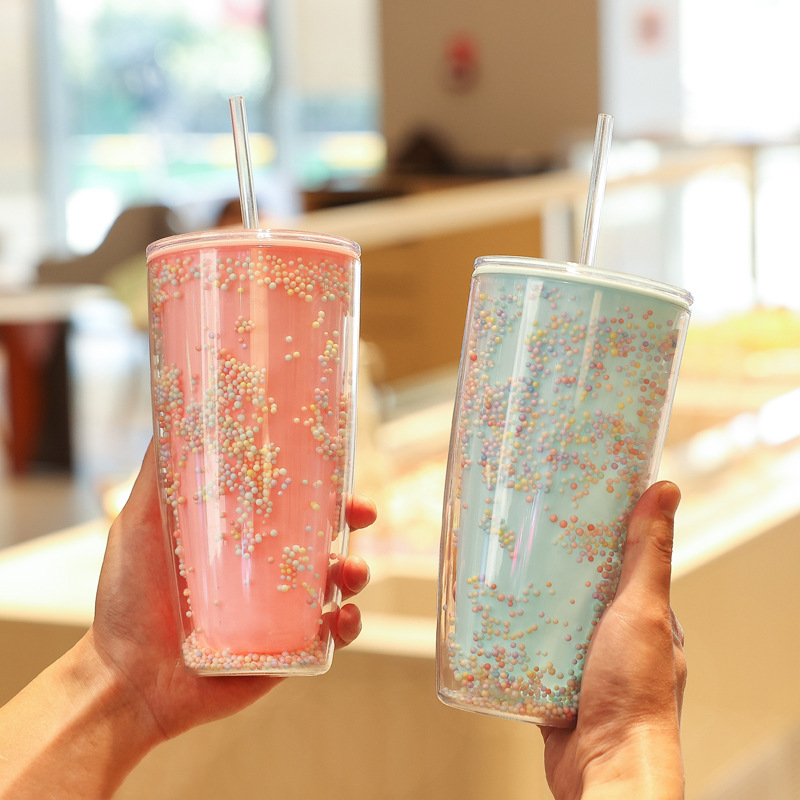 good-looking double-layer straw water cup women‘s simple plastic portable water cup spring and summer new online celebrity foam ice cup