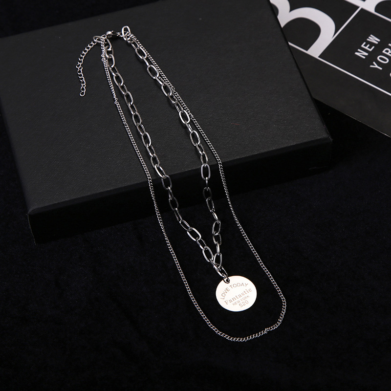 Korean Fashion round Brand Square Plate Carved Pendant Ins Style Titanium Steel Necklace Accessories Trend All-Match Sweater Chain Wholesale