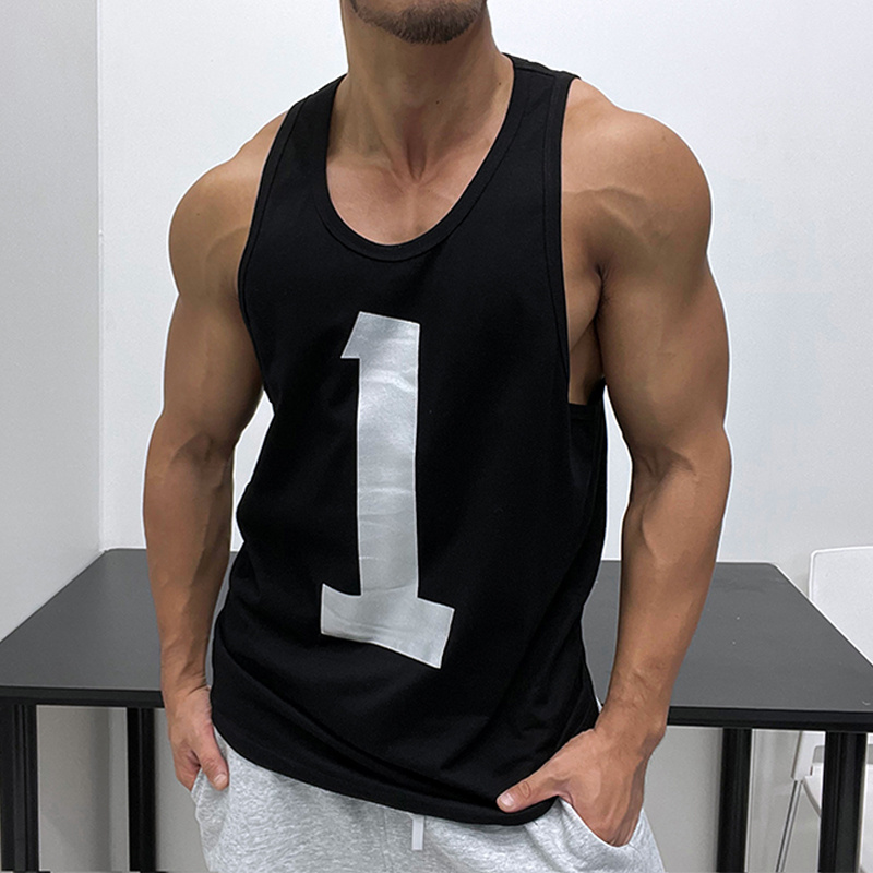 银色微反光印花运动健身背心修身肌肉男显身材