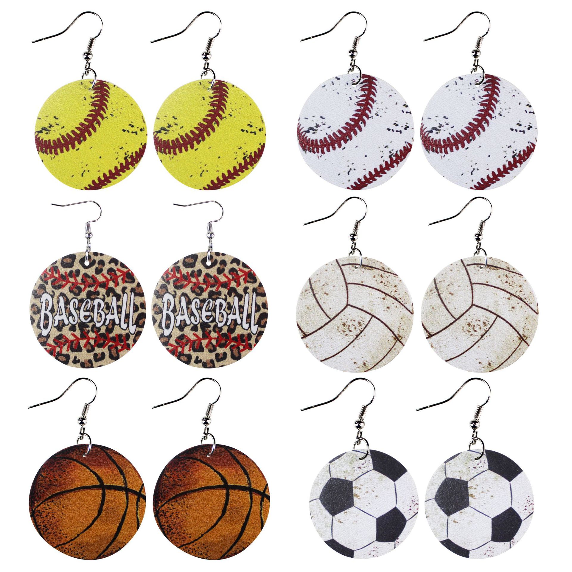 Summer Baseball Season Basketball Football Volleyball Leopard Print round Leather Earrings Sports Style PU Leather Cross-Border Amazon