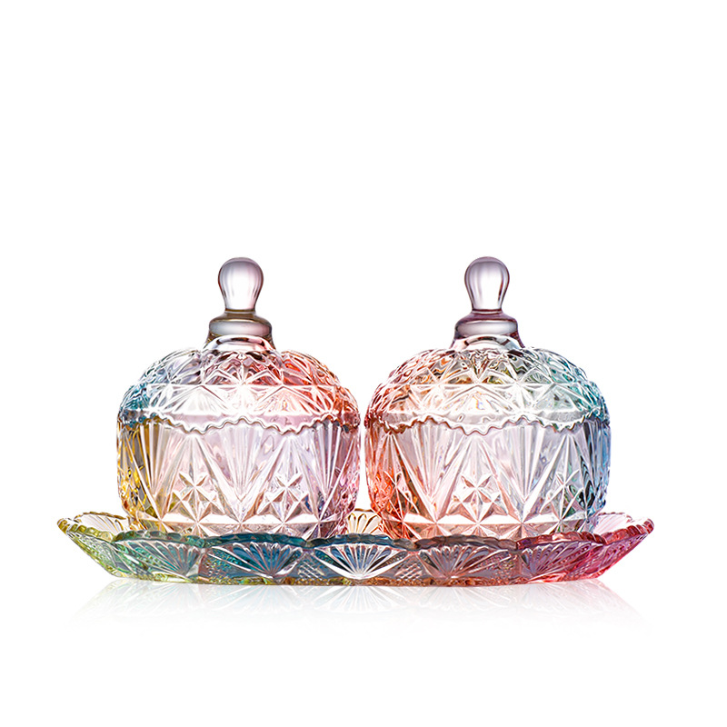 欧式彩色玻璃糖缸带盖套装喜糖罐糖果罐创意婚庆结婚礼品三件套