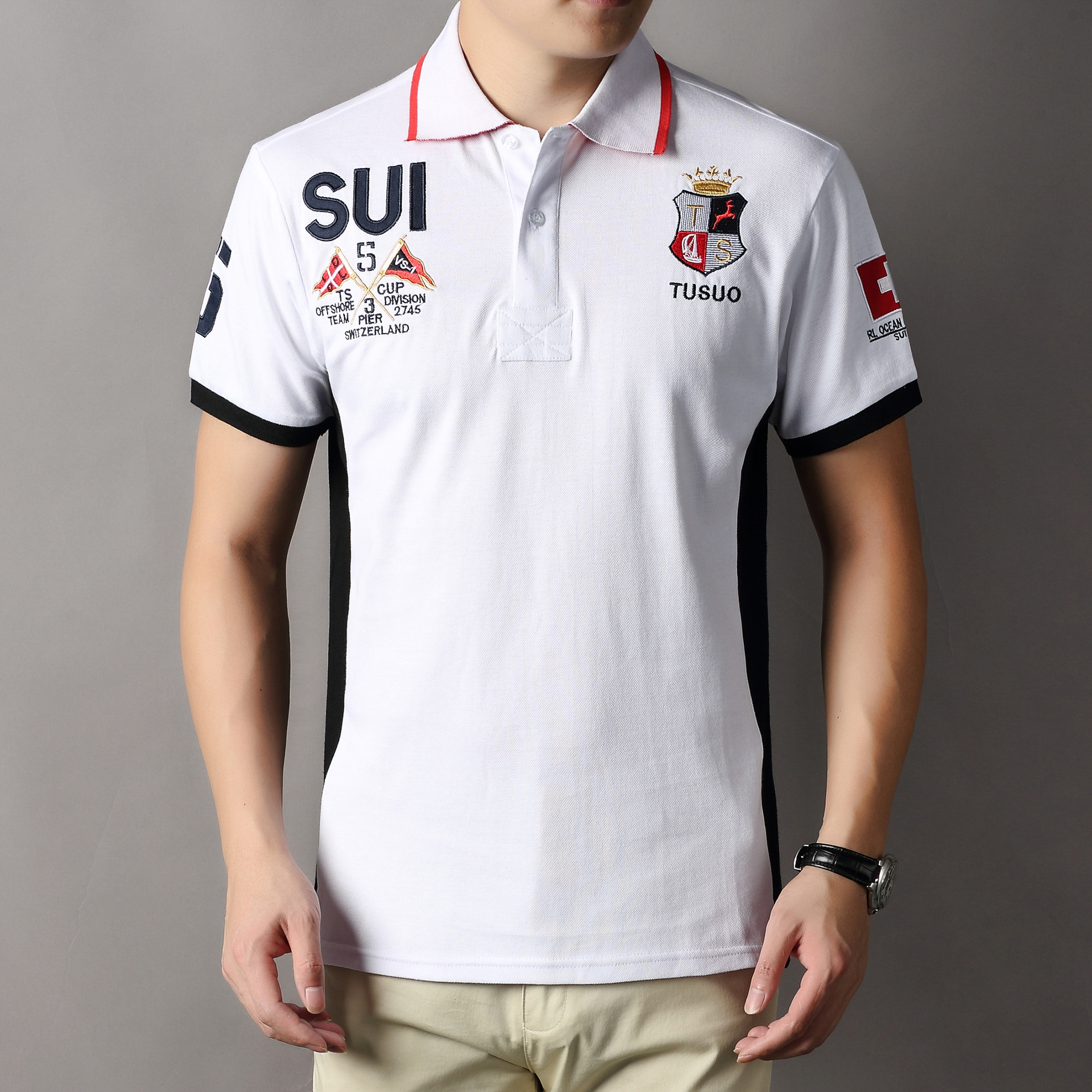 2023短袖polo衫男外贸刺绣时尚休闲修身纯棉加大码t恤男士纯色款