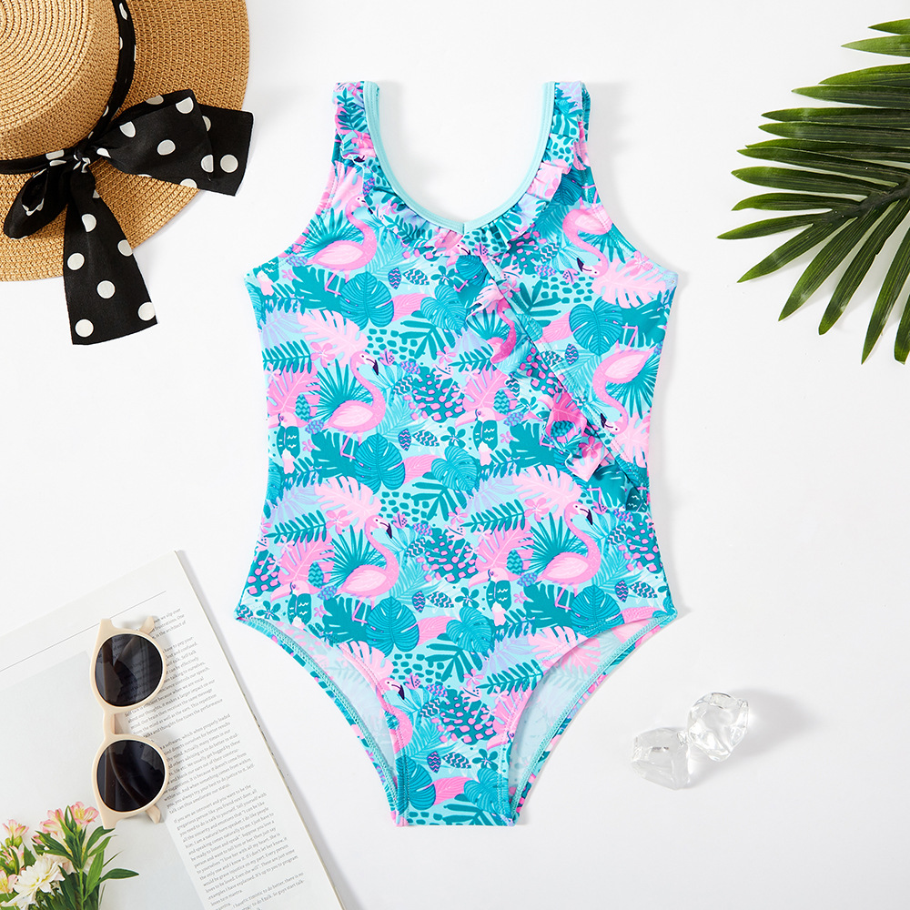Foreign Trade New Girl's One-Piece Swimsuit Flamingo Girl Swimwear Little Ruffled Children's Swimsuit