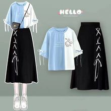 2023夏季盐系套装女学生韩版宽松拼接t恤+系带半身裙学院风两件套