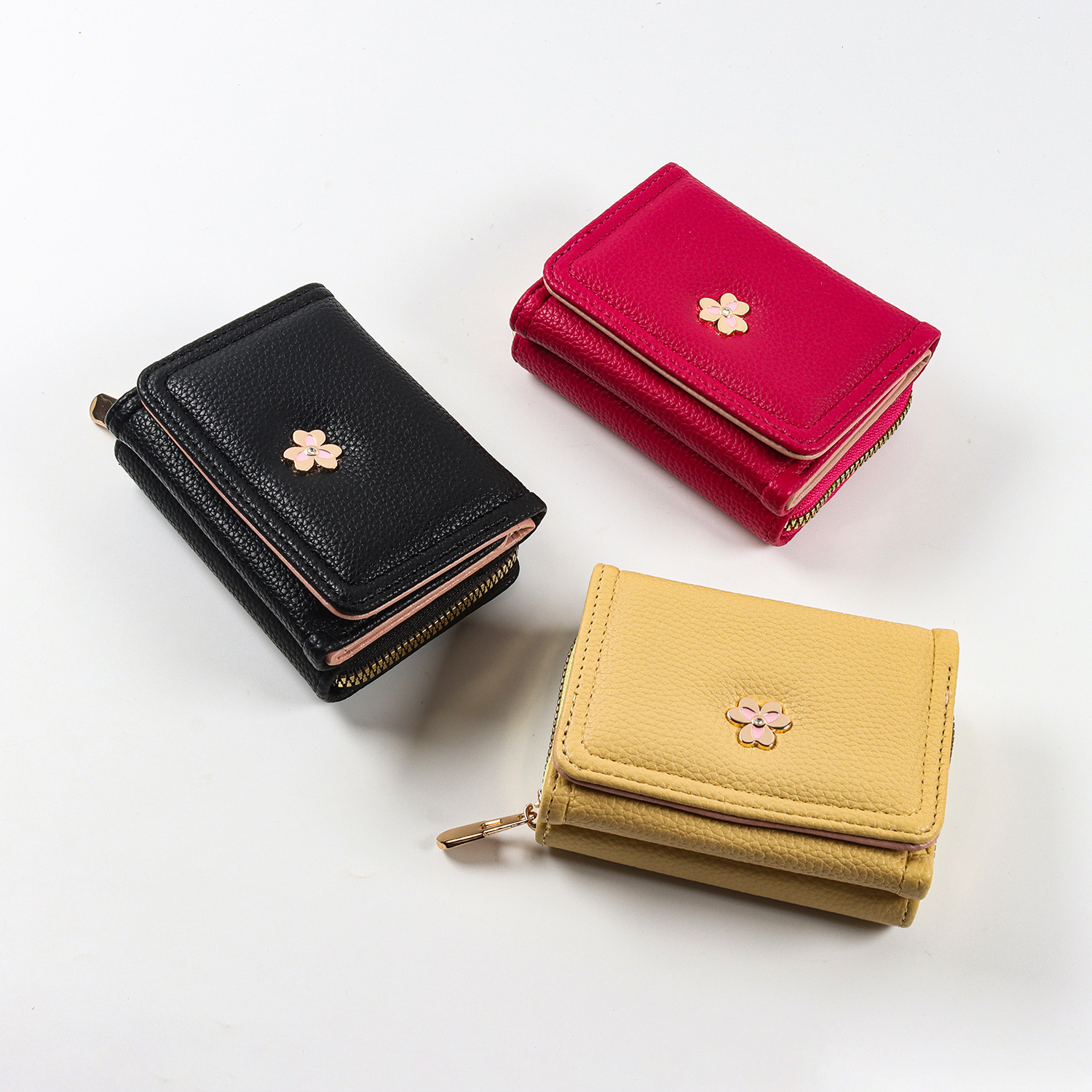 外贸现货韩版方形女士钱包三折多功能卡包搭扣拉链小清新零钱包