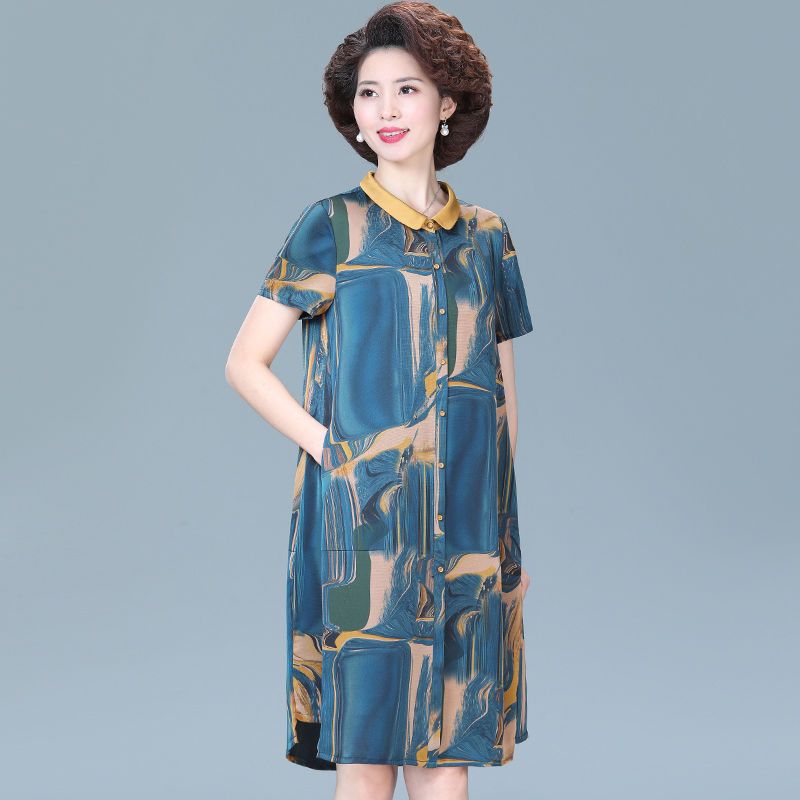 中年妈妈连衣裙夏装短袖40岁50气质宽松大码中老年桑蚕丝裙子