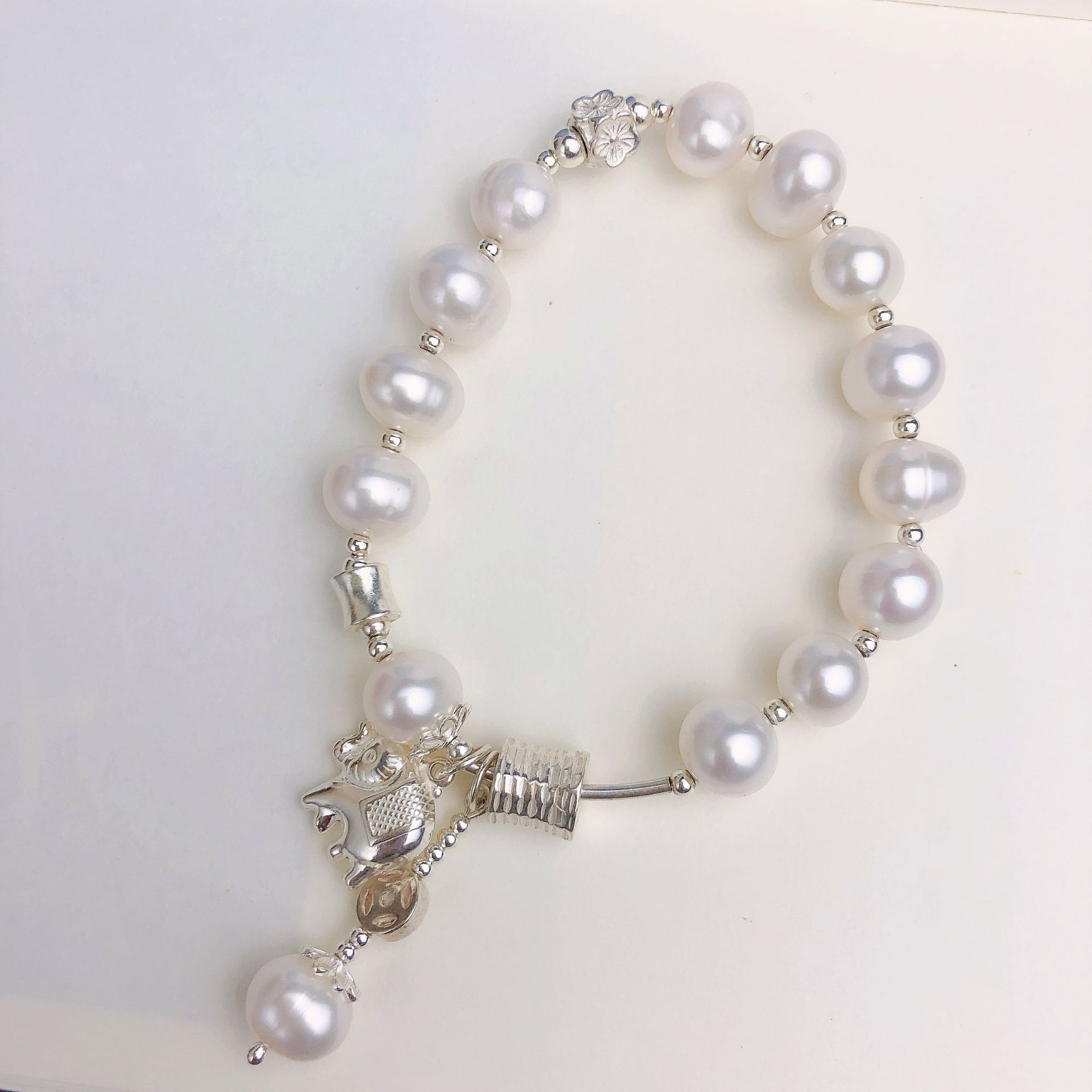 s925银银珠大象吉祥吊坠天然淡水珍珠手链女气质简约单圈手串diy