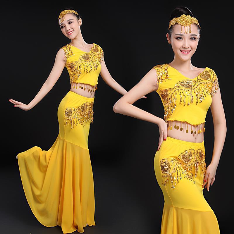 新款傣族舞蹈服装双肩孔雀舞亮片民族古典舞演出服鱼尾裙成人女装