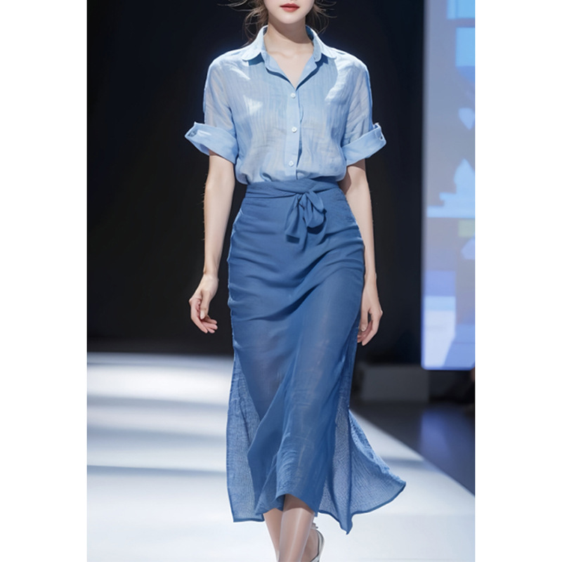 蓝色衬衫套装裙女2024新款夏季青春活力女装炸街减龄时尚两件套女