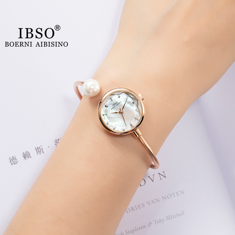 ibso贝壳面珍珠款手表女抖音直播爆款精致钻石切割面小巧手镯潮流