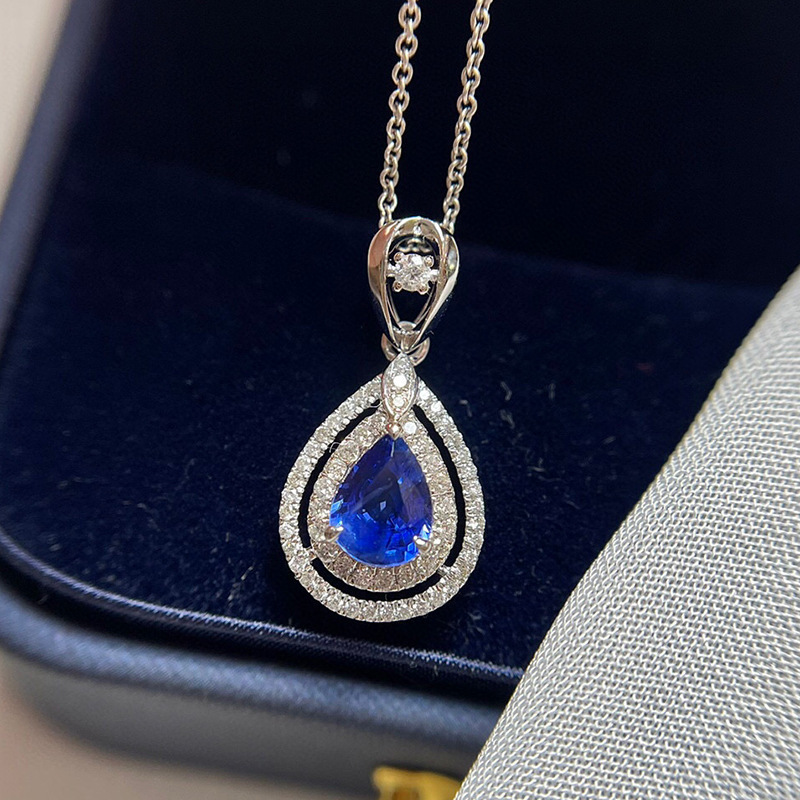 18k金镶蓝宝石项链 镶钻 女 宝石吊坠 锁骨链 水滴形项坠 配证书