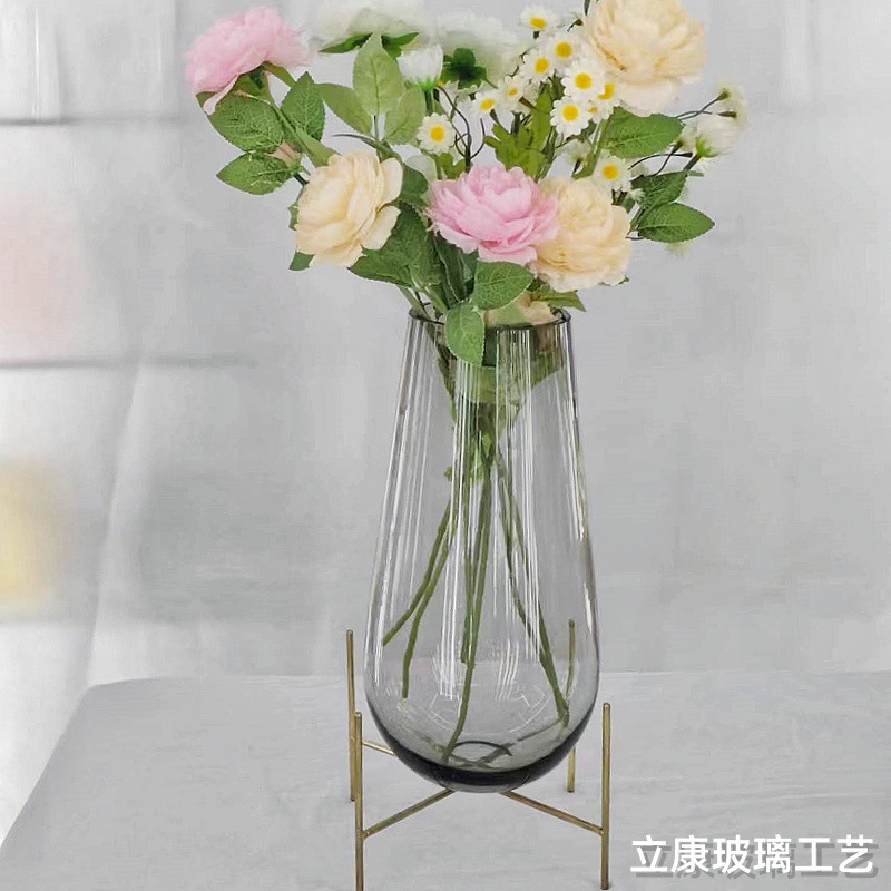 Simple Creative Iron Waist Drum Glass Vase Living Room Hotel Home Flower Arrangement Hydroponic Flower Art Decoration