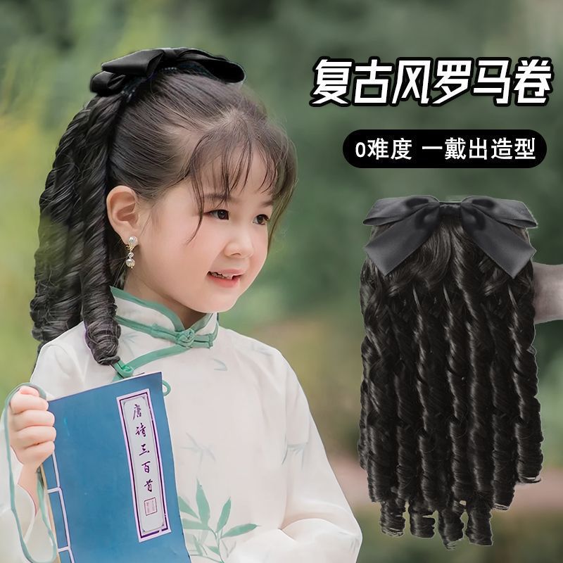 儿童汉服假发头饰女童民国罗马卷发复古旗袍发型白秀珠lolita马尾