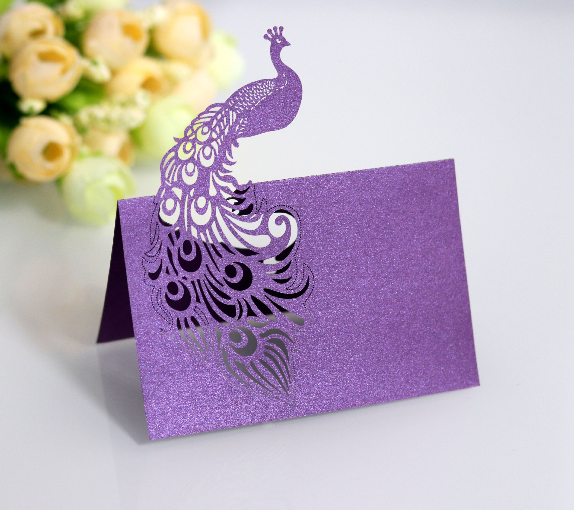 婚庆用品 立体桌位卡 紫色孔雀镂空席位卡 姓名座次卡 工厂批发