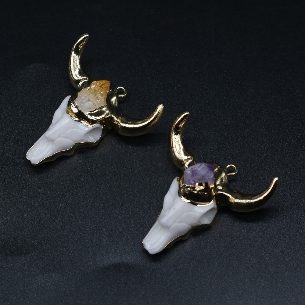 精美天然石头半宝石亚克力牛头吊坠 diy饰品配件手工项链制作批发