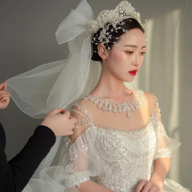 团铭韩式新娘珍珠皇冠头饰街头旅拍主婚纱发饰盘发造型头纱配饰品