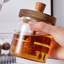 简约木制盖耐用高硼硅玻璃蜂蜜罐实木制带搅拌棒果酱食品储物罐子