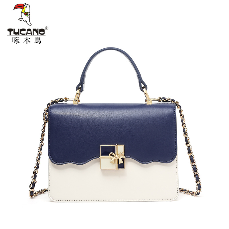 大牌真皮包包女2024新款时尚百搭拼色链条小方包单肩斜挎手提包