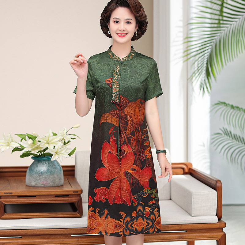 Mother's Summer 2023 New Noble Western Style Brand Artificial Silk Mulberry Silk Middle-Aged and Elderly People's Clothes Counter Dress