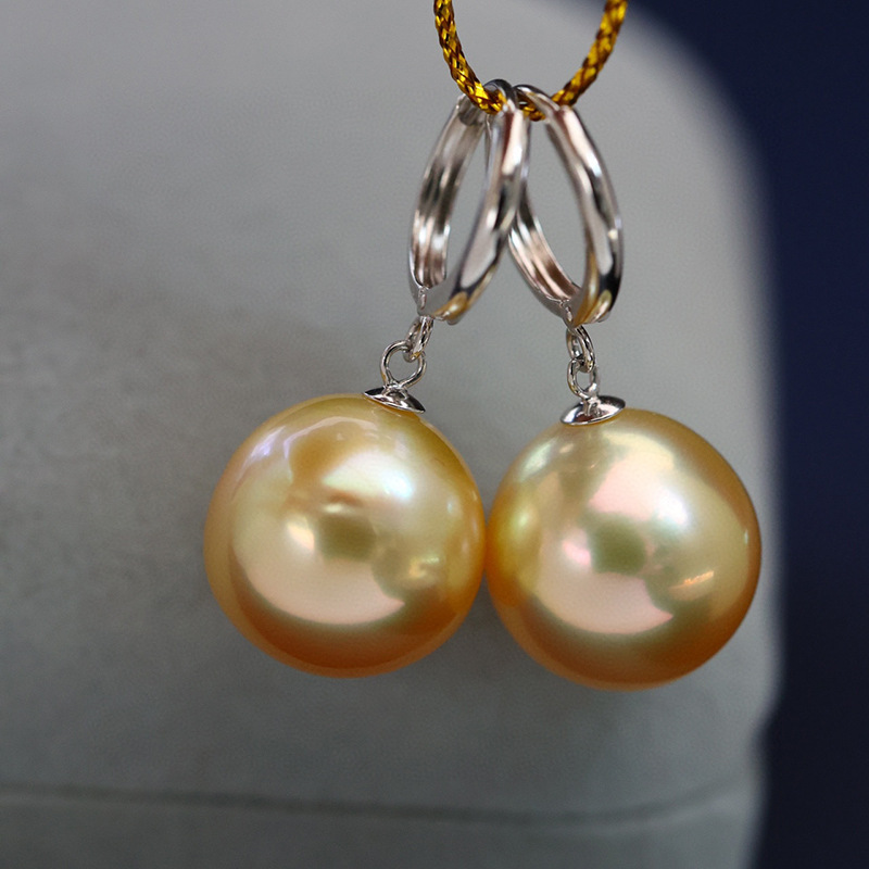 批发天然媲美海水金色珍珠耳环耳坠耳饰10-11mm近圆微瑕珠光透亮