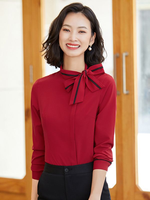 红色气质女神范酒店服务员工作服美容院空姐衬衣蝴蝶结职业衬衫女