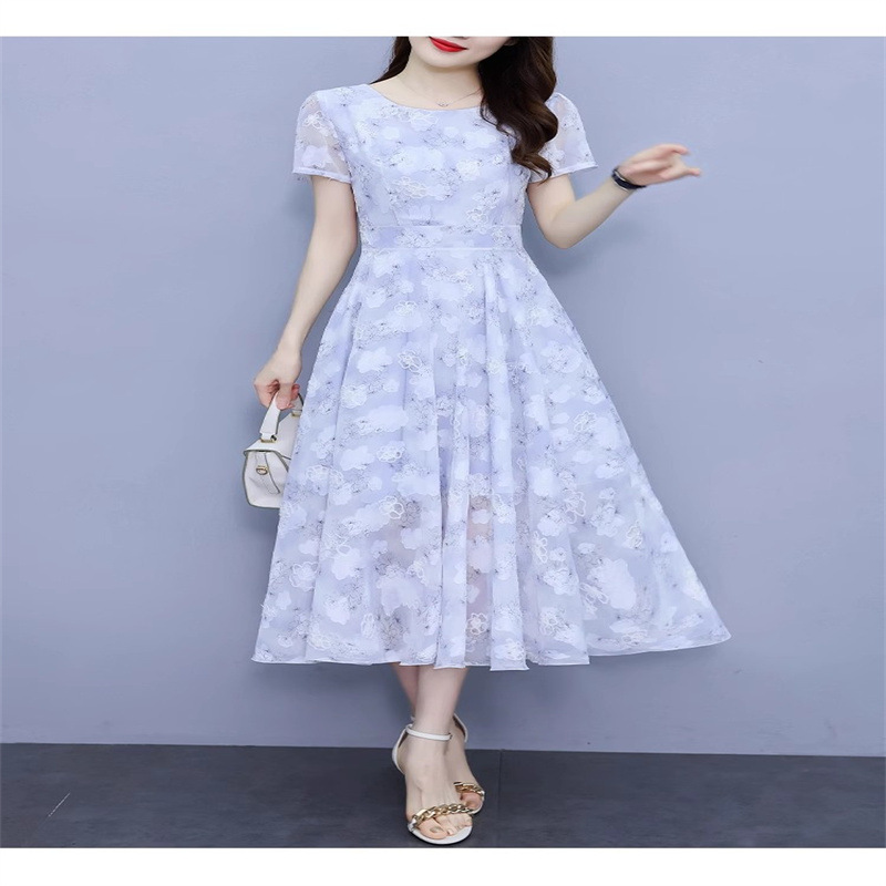 重工艺绣花碎花雪纺短袖连衣裙2024夏装新款大摆长款气质仙女裙子