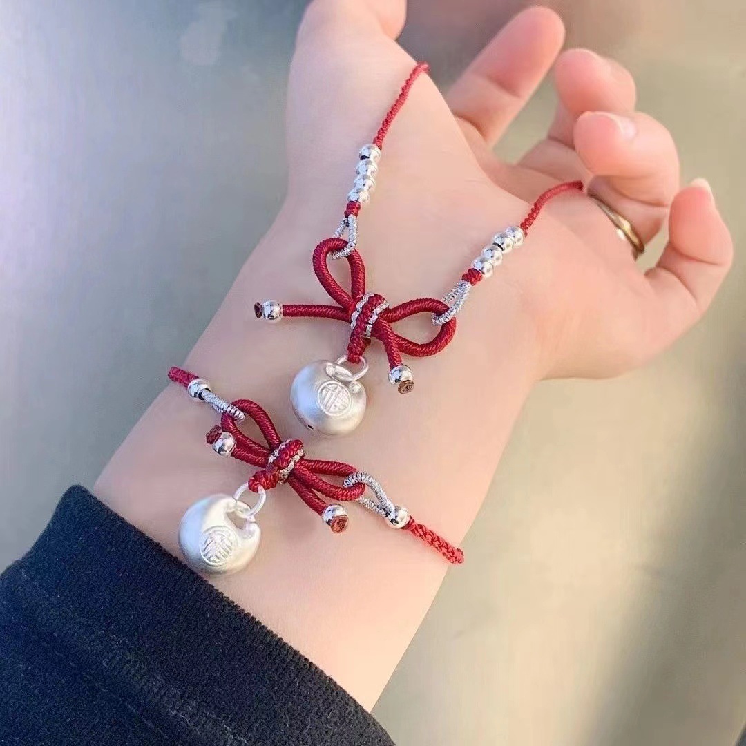 999纯银小胖福项链在逃公主蝴蝶结手工编织红绳手链女本命年手绳