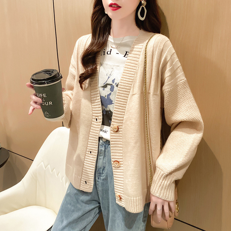 2023年新款开衫外套女针织毛衣女秋冬装慵懒风宽松外穿纯色上衣潮