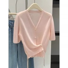 法式粉色v领冰丝短款上衣女夏季设计感小众修身针织衫短袖正肩t恤