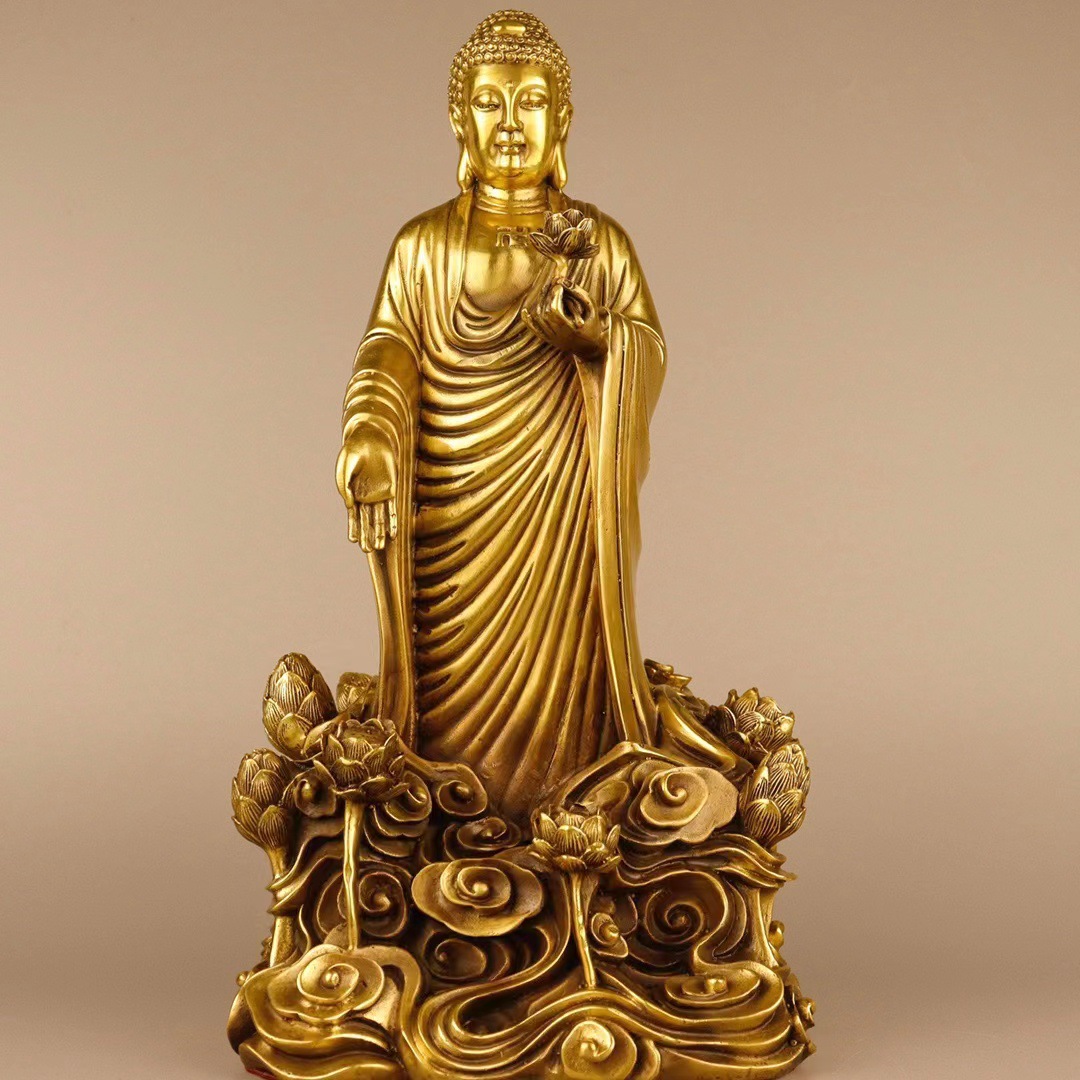 黄铜如来佛祖摆件家居供养莲花祥云立佛释迦摩尼佛大日如来铜佛像