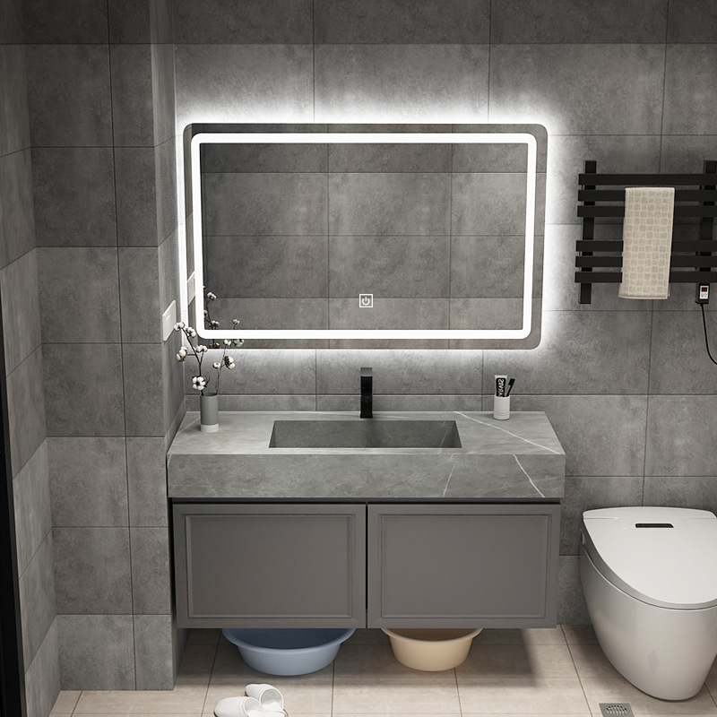 现代简约浴室柜组合卫生间洗脸洗漱台厕所洗手池岩板一体盆太空铝