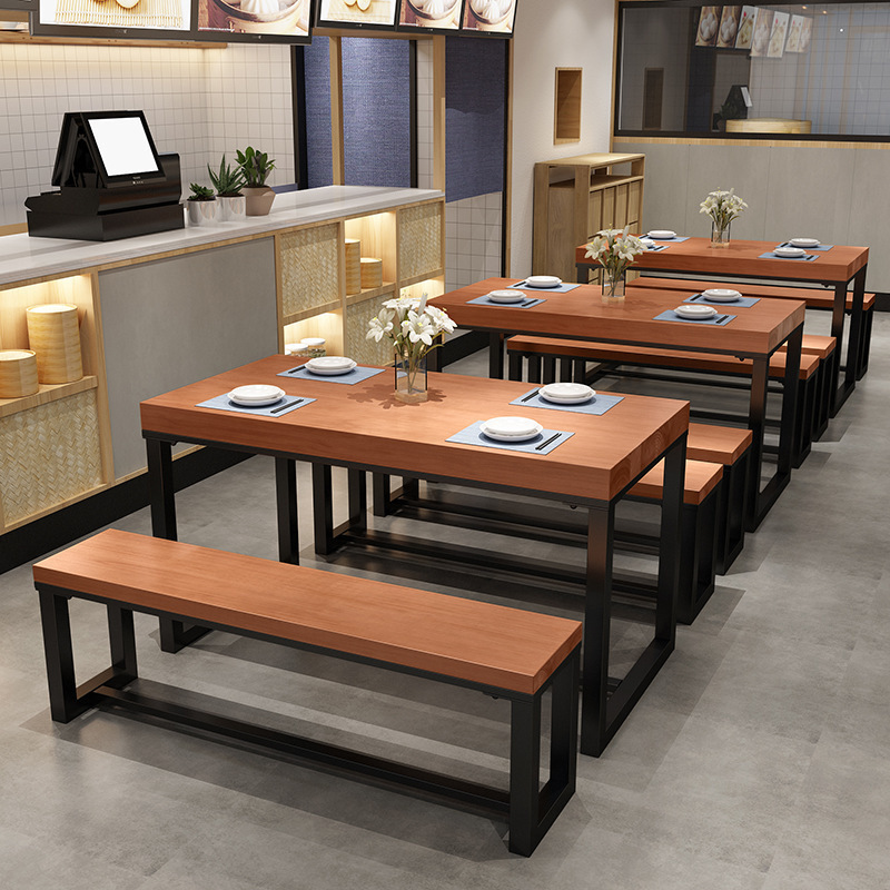 北欧实木餐桌椅组合快餐店四人六人吃饭桌椅餐厅长凳饭店食堂餐桌