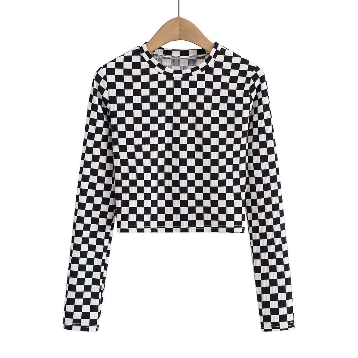黑白格子t恤女图片