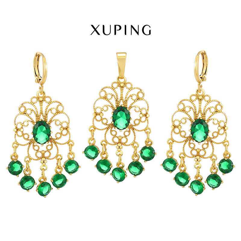 Xuping Jewelry Color Retro Gemstone Earrings and Necklace Set Women‘s French Elegant Plated 24K Gold Jewelry Set