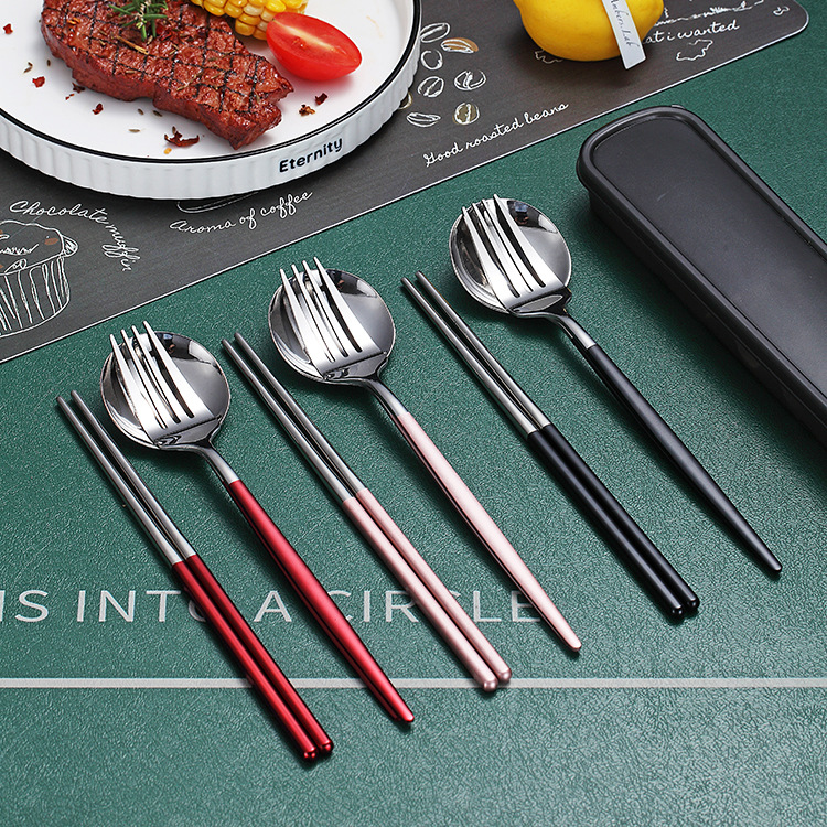 Stainless Steel Tableware Spoon Fork Chopsticks Portuguese Three-Piece Set Student Tableware Outdoor Portable Tableware Set