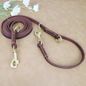 手缝一拖二双头铜钩狗牵引带牛皮便捷栓狗绳跑步绳宠物狗双头2.